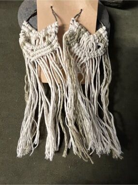 Handmade Macramé Fringe Earrings in Off-White and Sage
